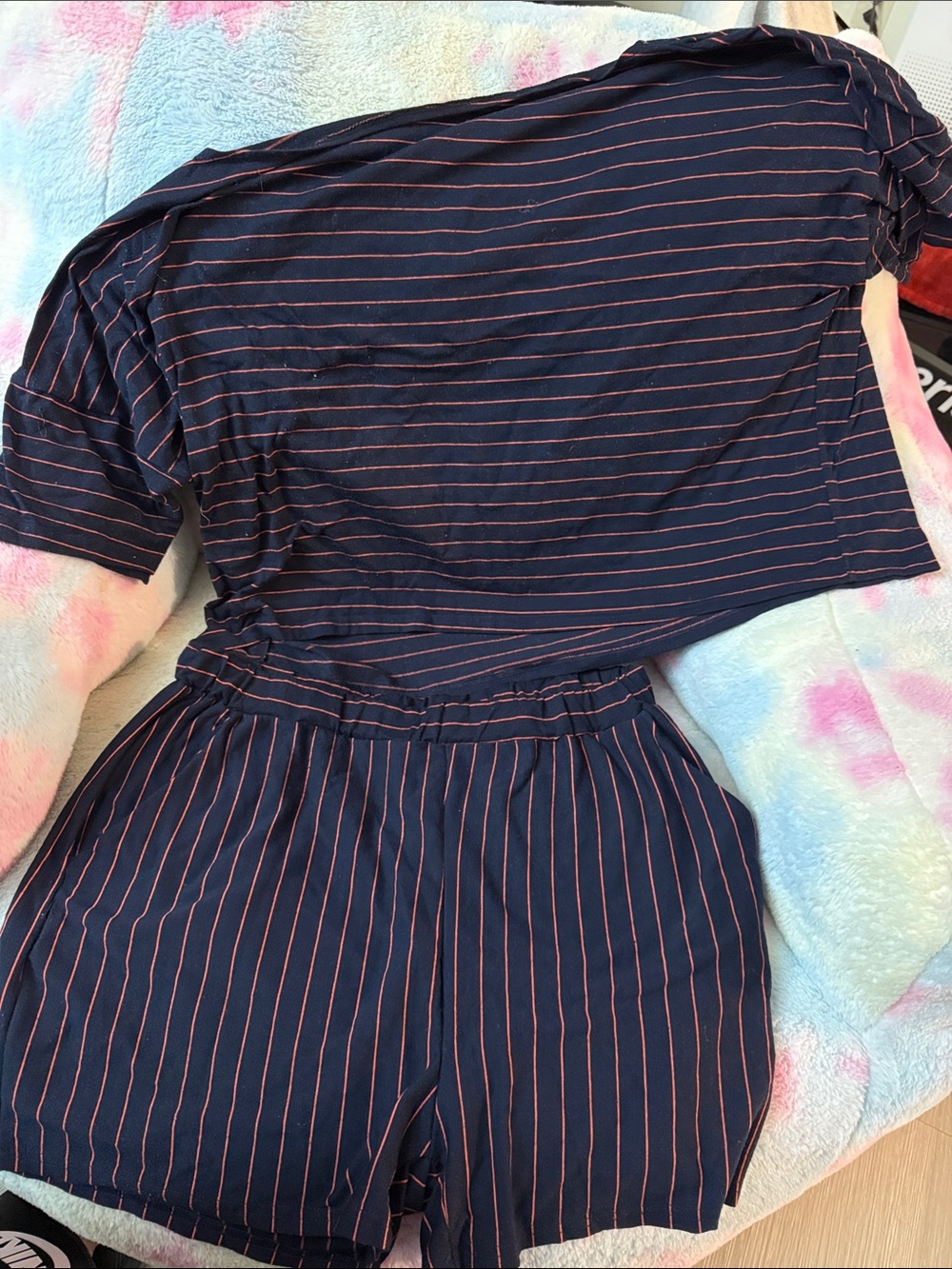 SHEIN Navy Romper with Pink Pinstripes